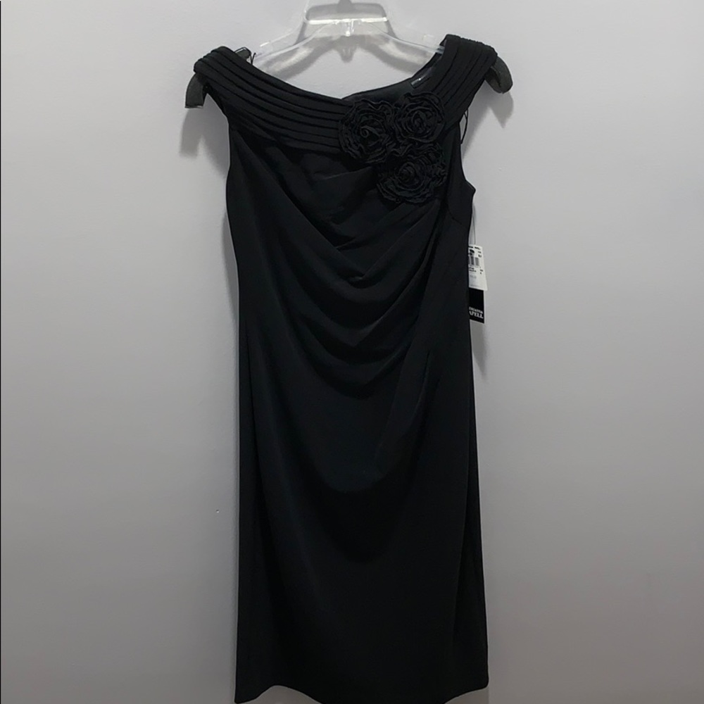 Adrianna Papell Black Midi Dress rose detail